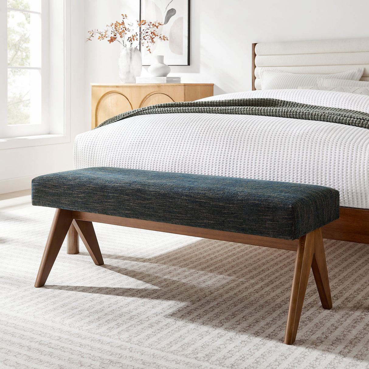 47 Inch Boucle Upholstered Accent Bench with Splayed Rubberwood Legs