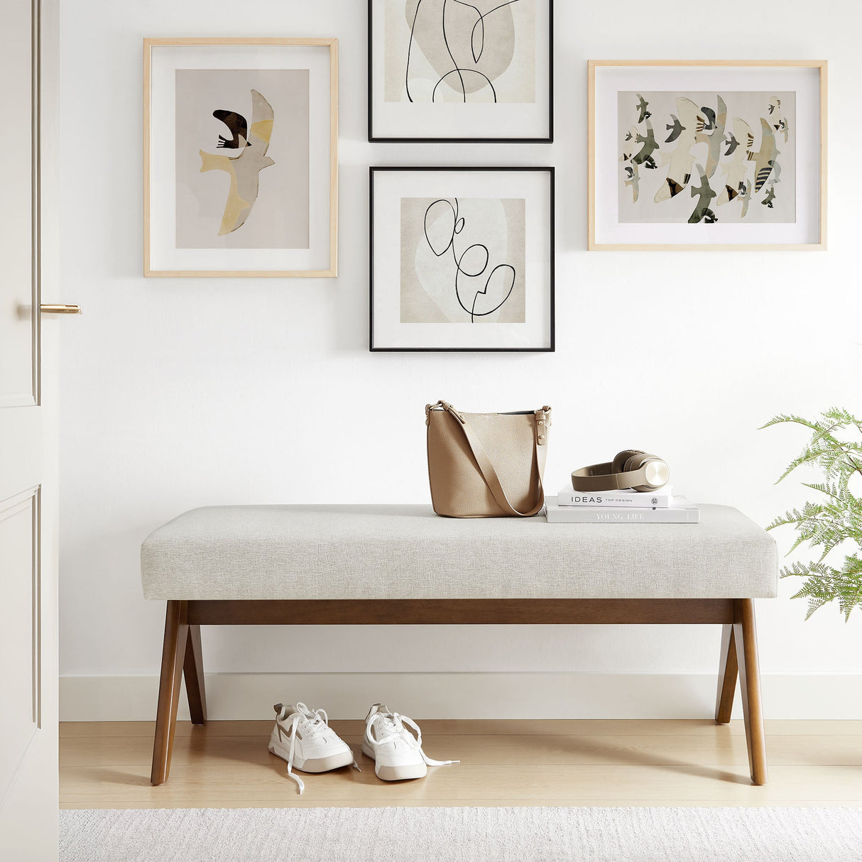 47 Inch Boucle Upholstered Accent Bench with Splayed Rubberwood Legs