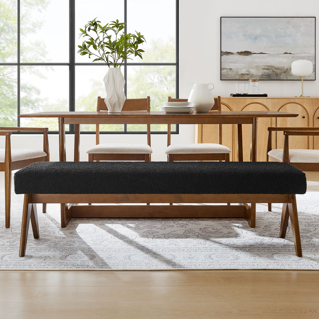 47 Inch Boucle Upholstered Accent Bench with Splayed Rubberwood Legs