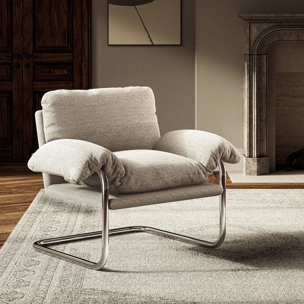41 Inch Boucle Fabric Accent Chair with Stainless Steel Cantilever Frame