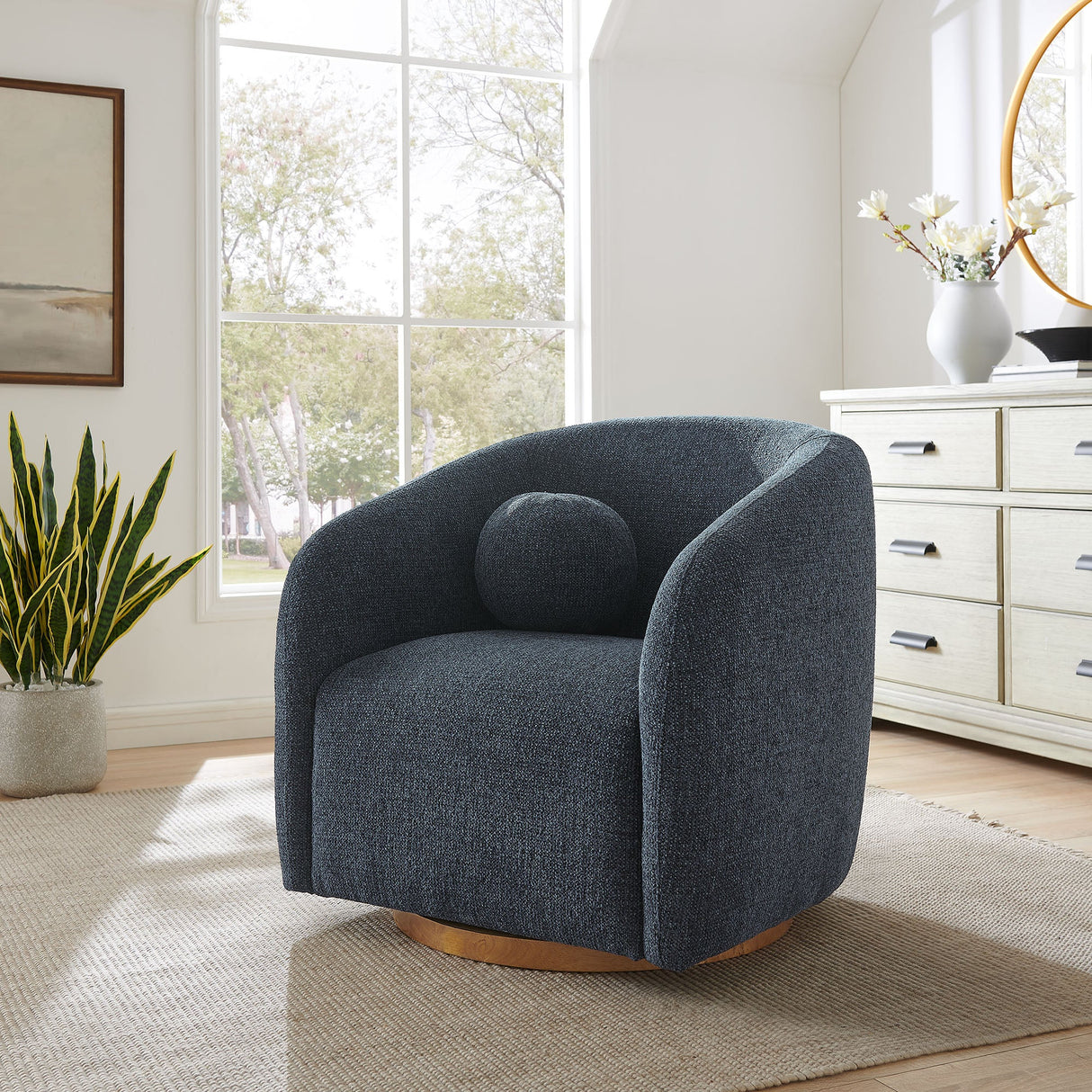 31 Inch Curved Swivel Chenille Fabric Armchair