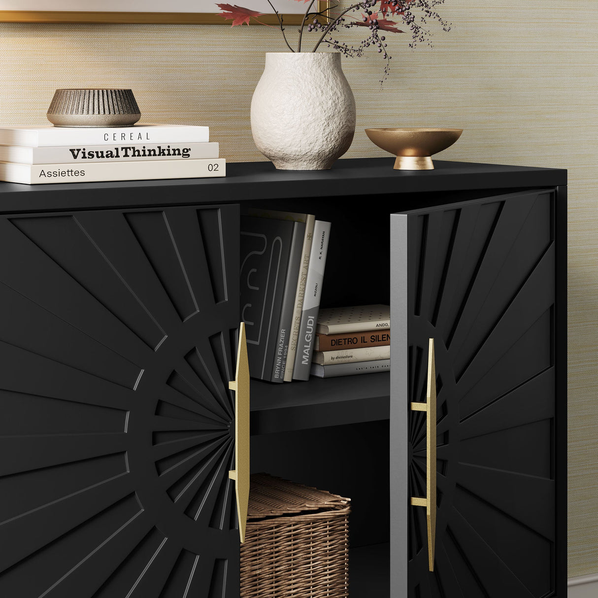 47 Inch Sunburst Design Wood Veneer Accent Cabinet with Gold Metal Base