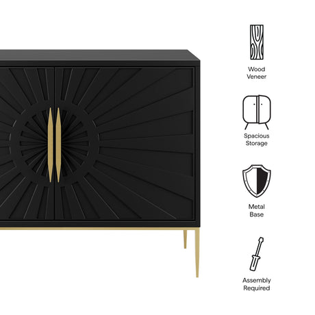 47 Inch Sunburst Design Wood Veneer Accent Cabinet with Gold Metal Base