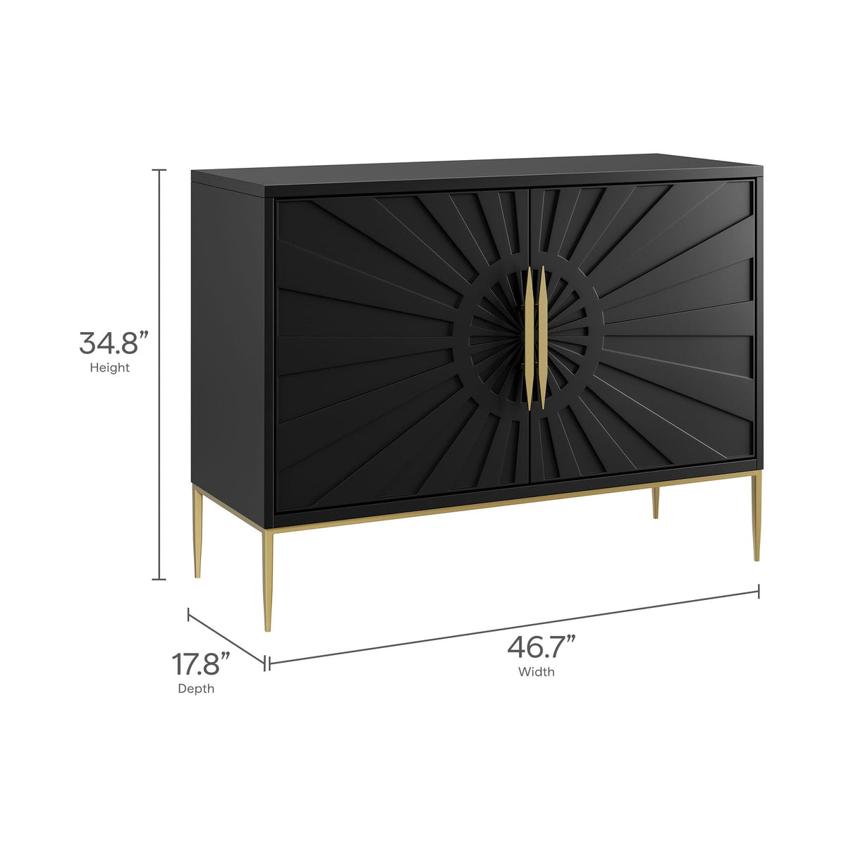 47 Inch Sunburst Design Wood Veneer Accent Cabinet with Gold Metal Base