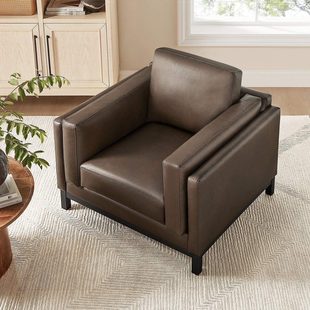 40 Inch Vegan Leather Armchair with Weathered Wood Frame
