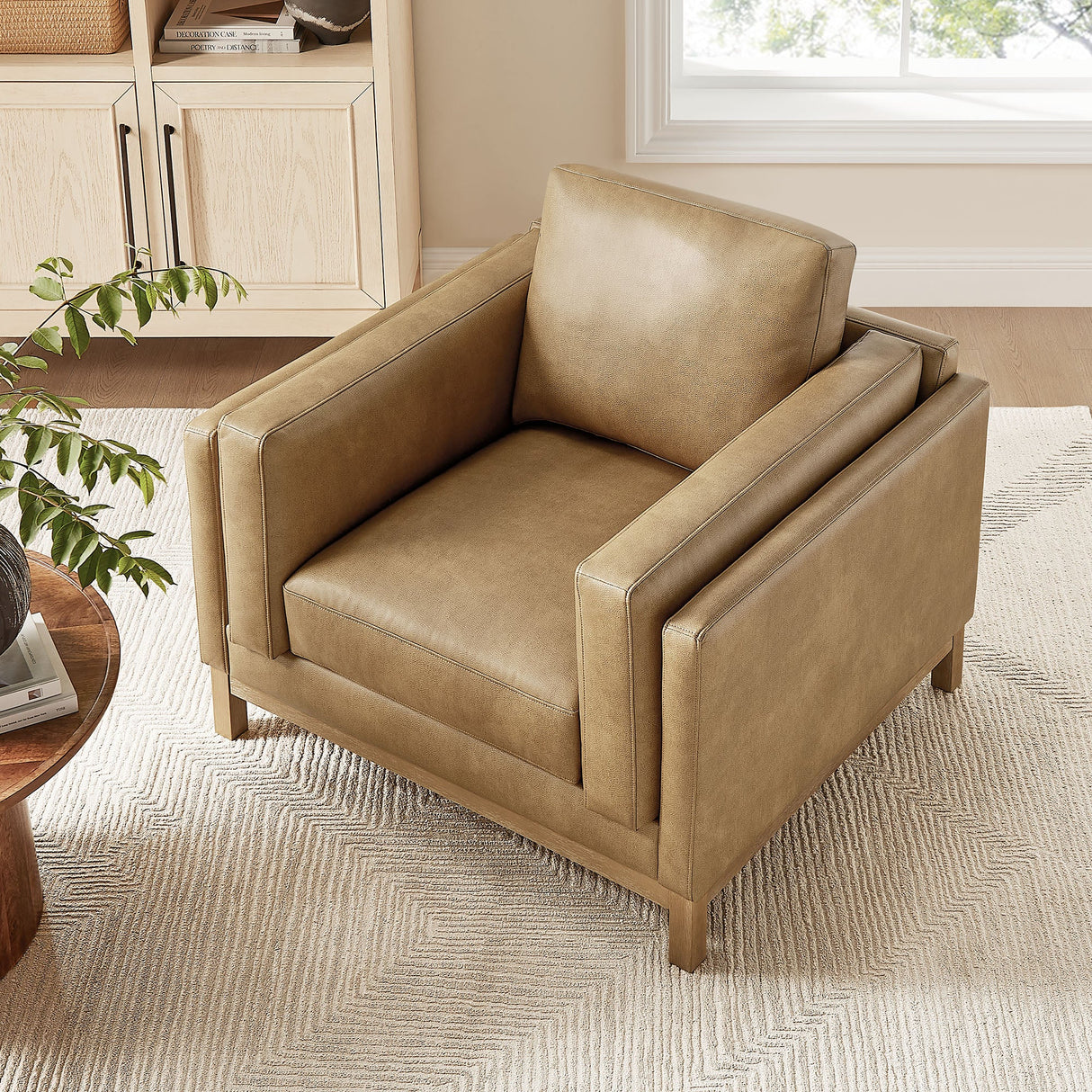 40 Inch Vegan Leather Armchair with Weathered Wood Frame