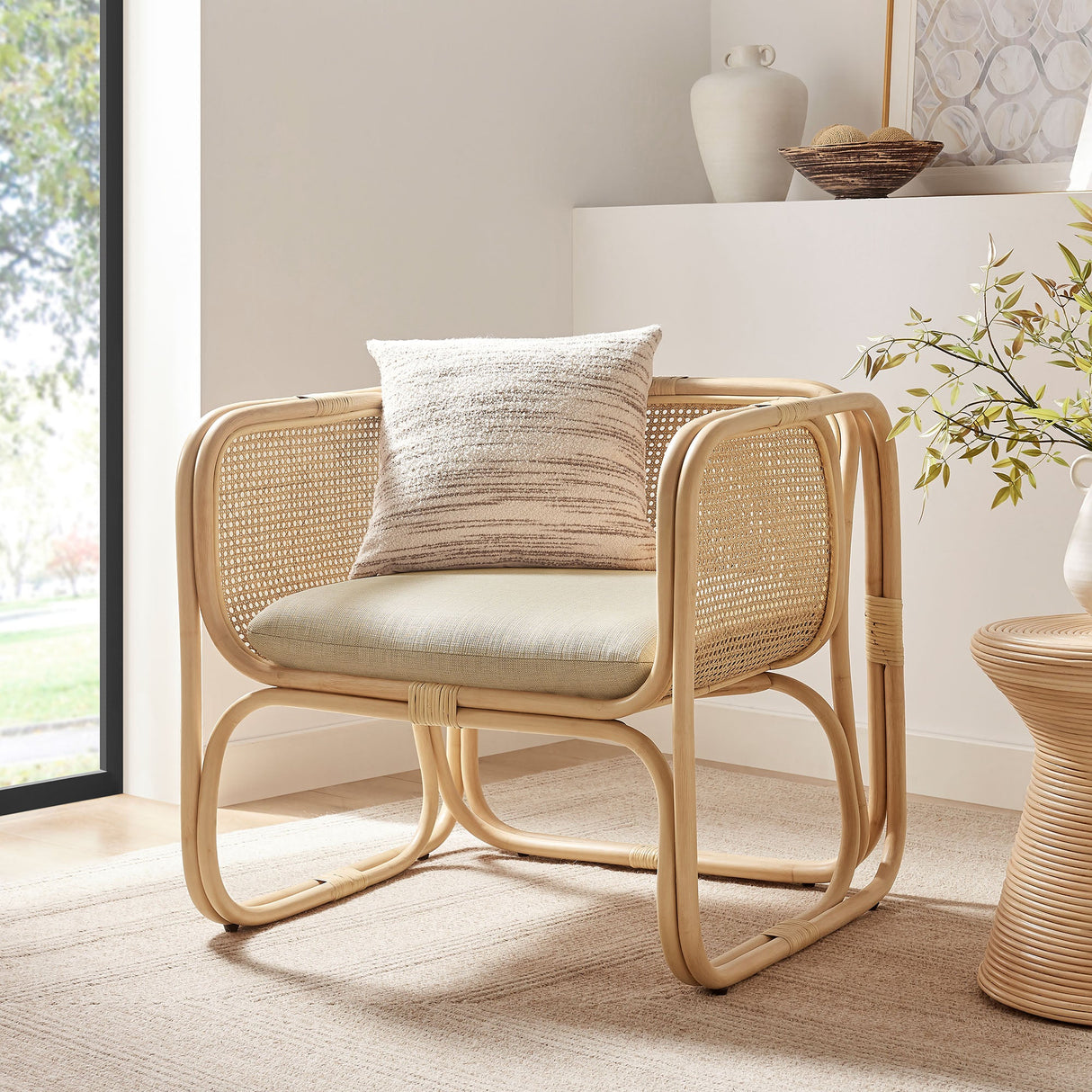 30 Inch Natural Rattan Accent Armchair with Machine Washable Cushion