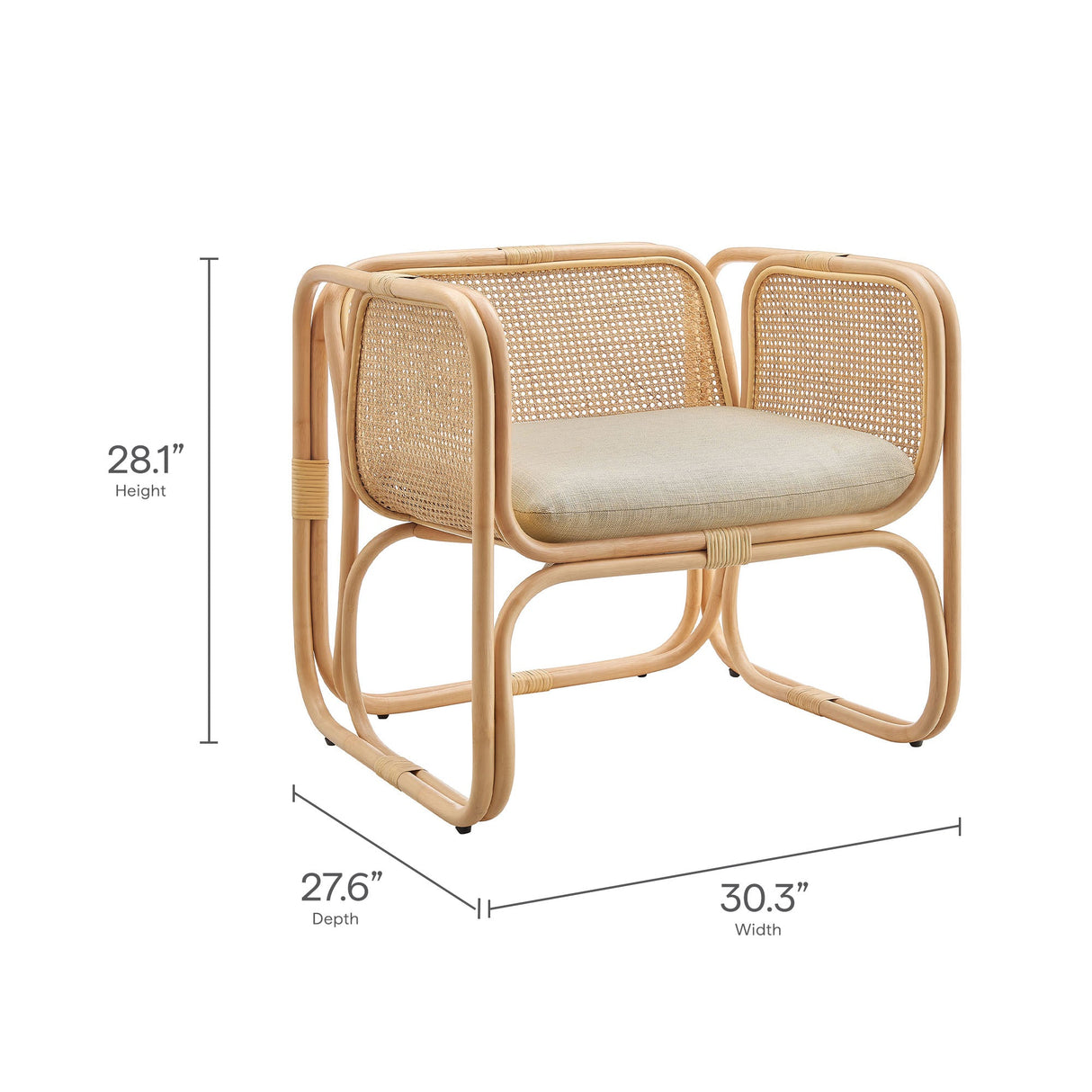 30 Inch Natural Rattan Accent Armchair with Machine Washable Cushion