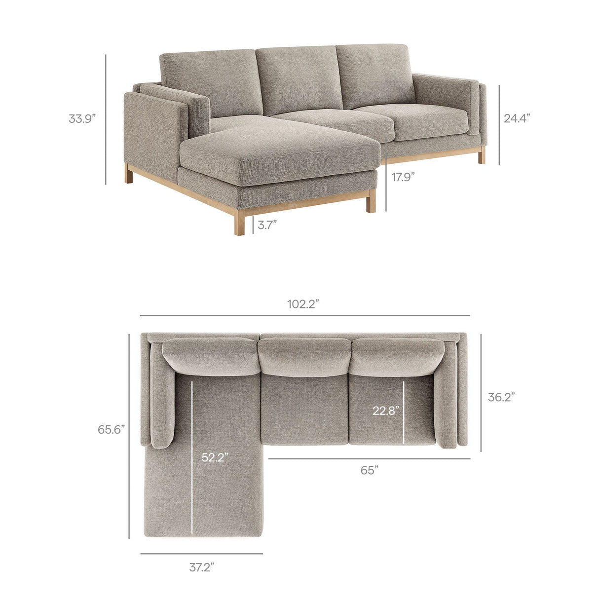 2 Piece 102" Left-Facing Fabric Sectional Sofa with Chaise