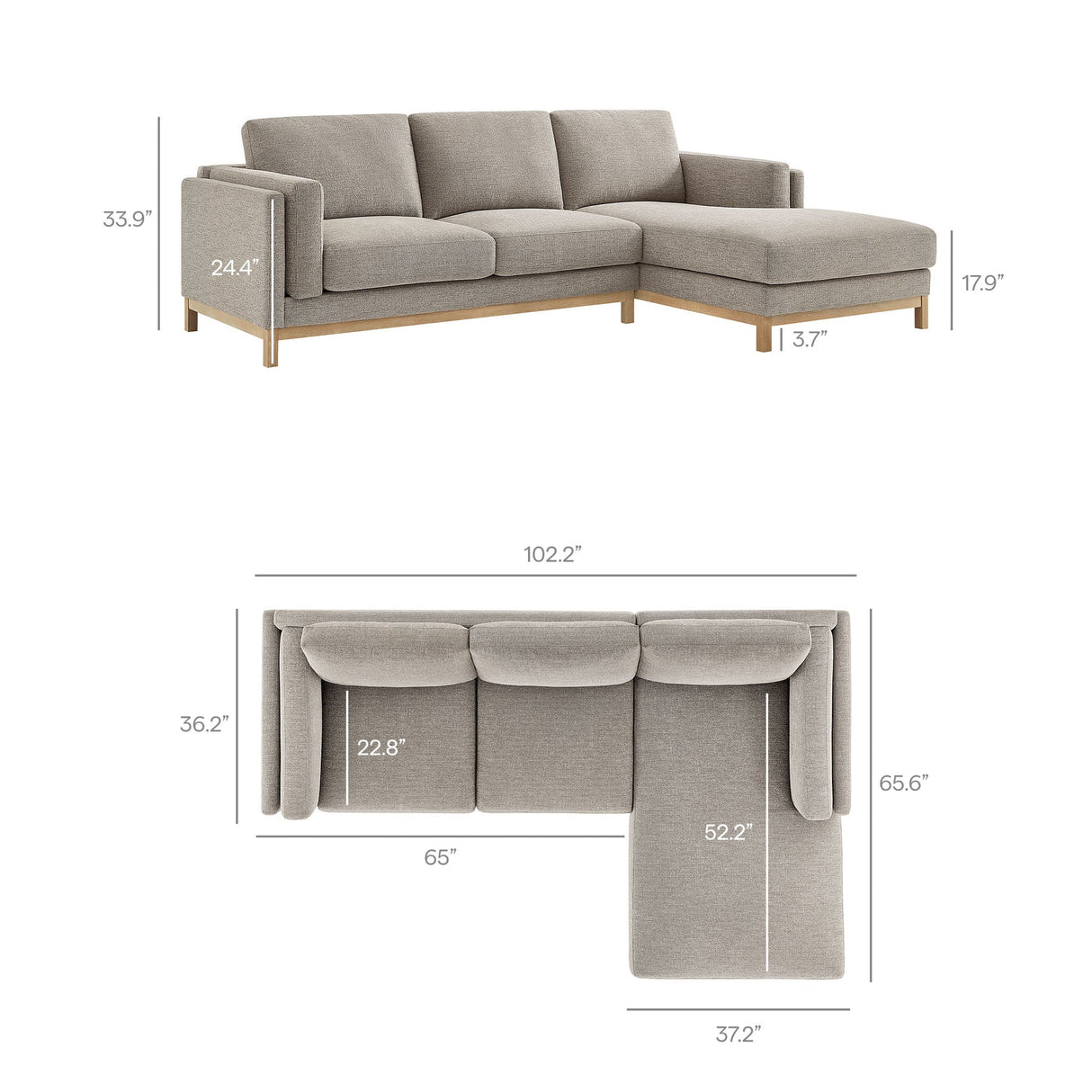 2 Piece 102" Right-Facing Fabric Sectional Sofa with Chaise