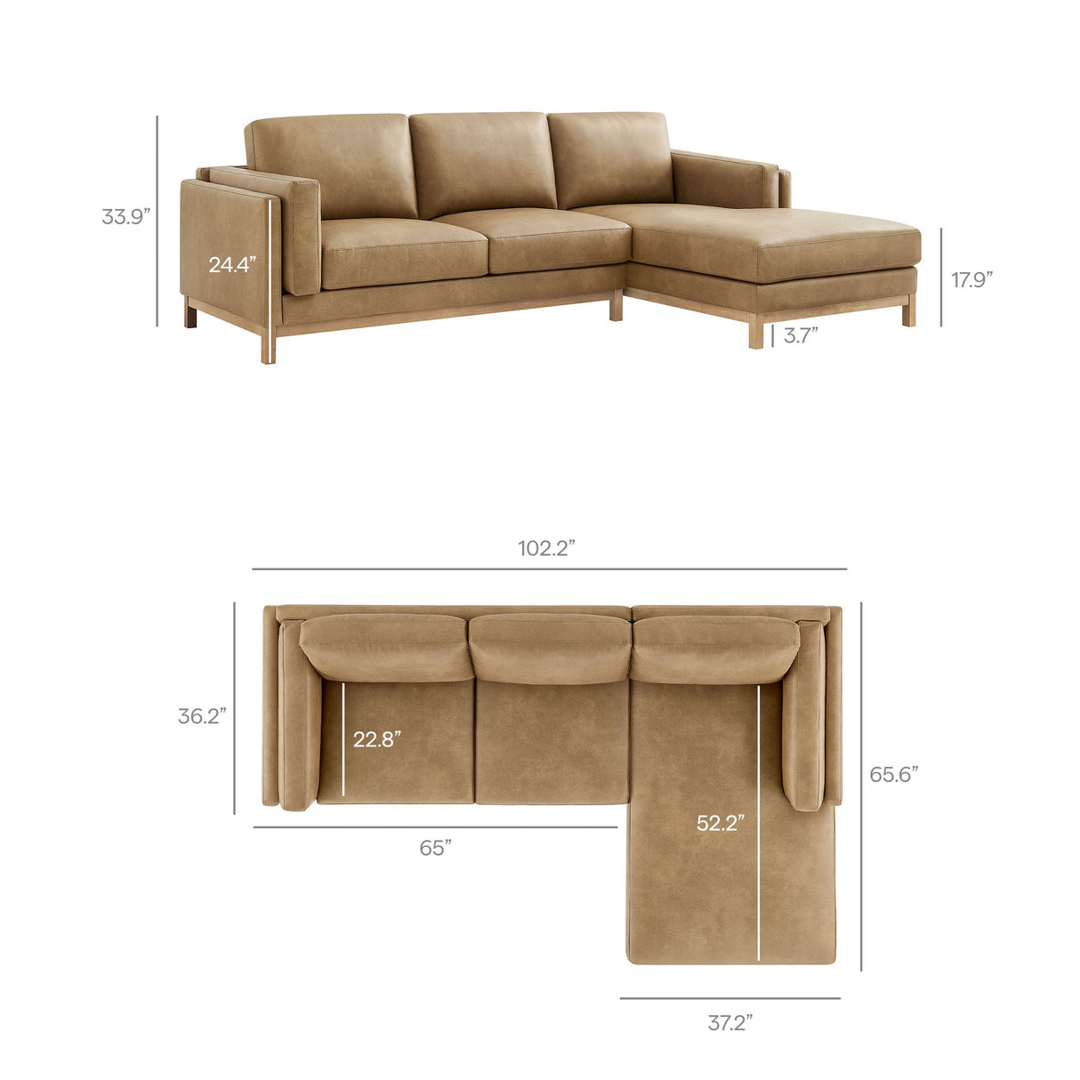 2 Piece 102" Right-Facing Vegan Leather Sectional Sofa with Chaise