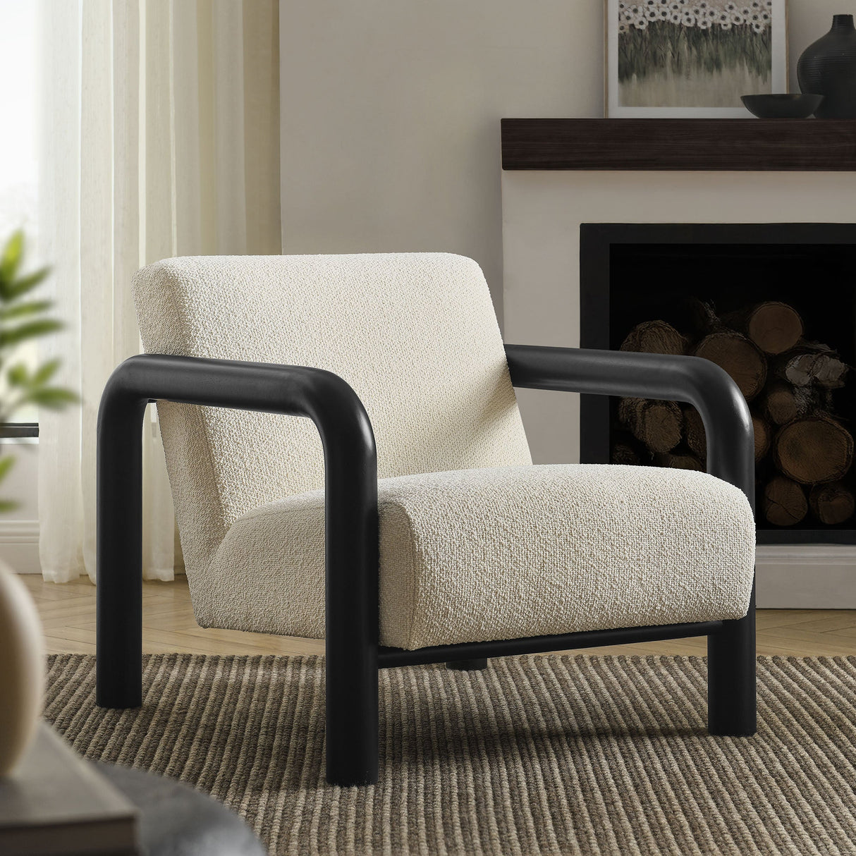 30 Inch Lattice Boucle Accent Chair with Rounded Wood Arms