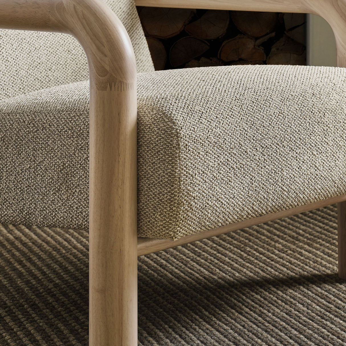 30 Inch Lattice Boucle Accent Chair with Rounded Wood Arms