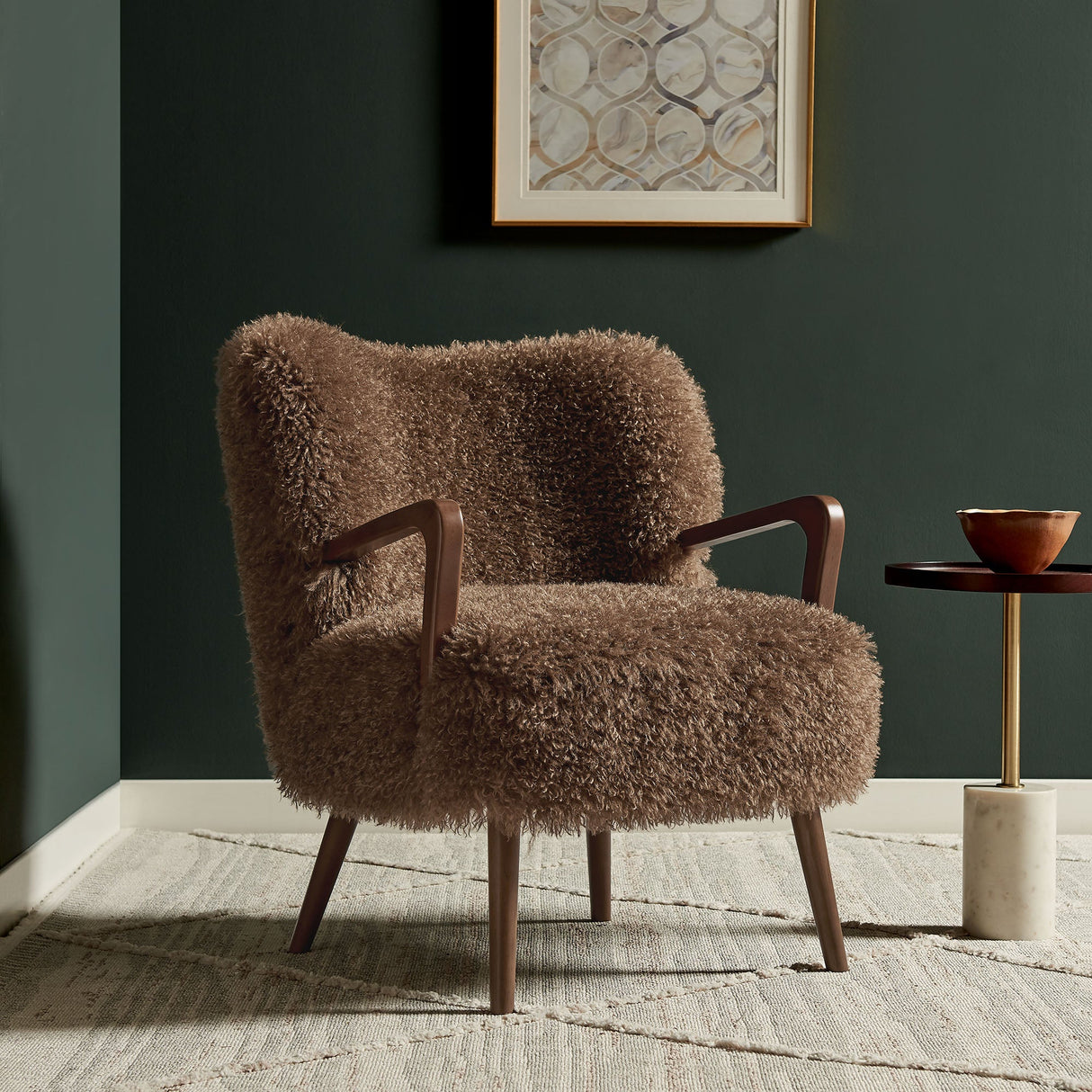 28 Inch Mid-Century Modern Faux High-Pile Shearling Accent Armchair with Wood Frame