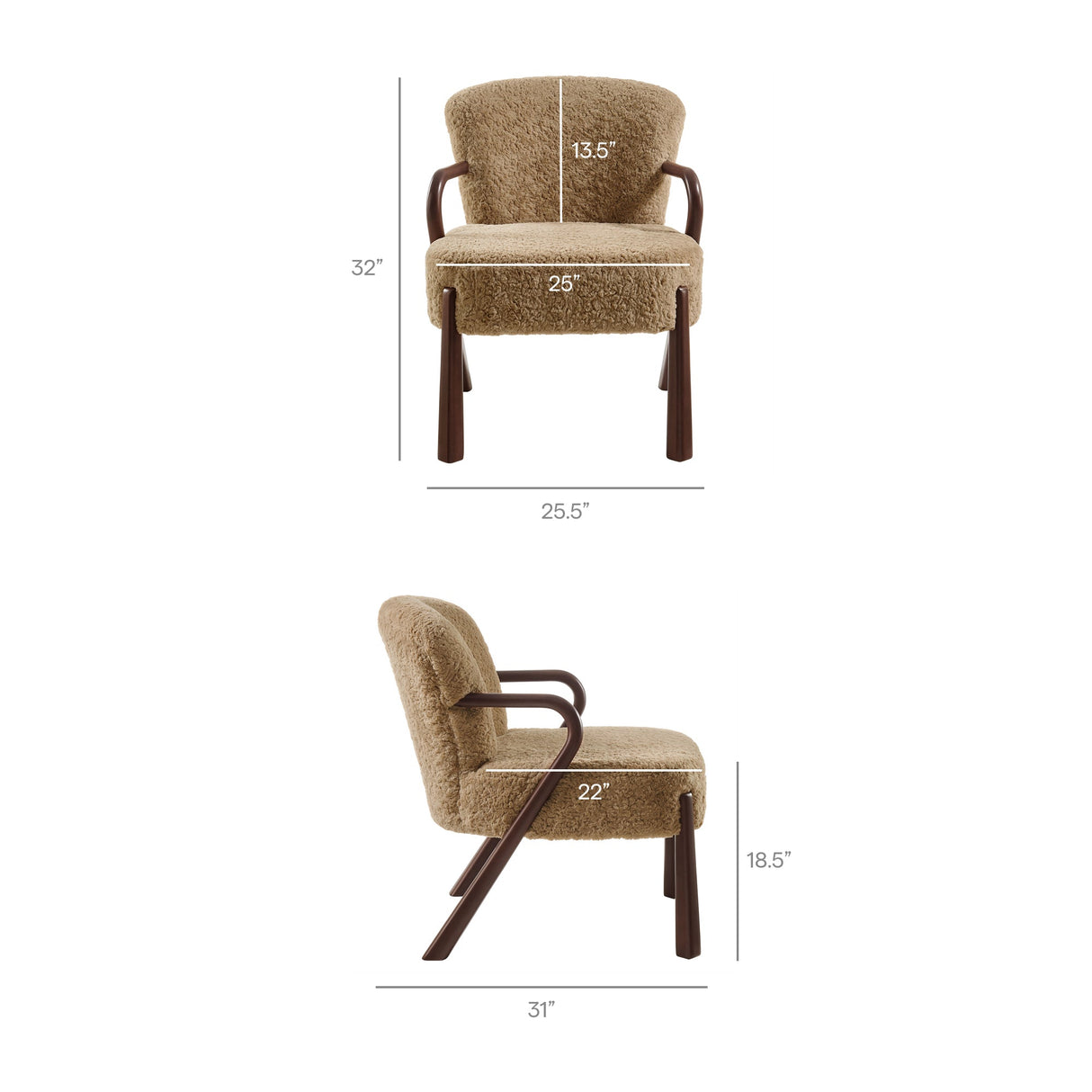 31 Inch Mid-Century Modern Faux Shearling Accent Armchair with Sculptural Wood Frame