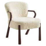 31 Inch Mid-Century Modern Faux Shearling Accent Armchair with Sculptural Wood Frame