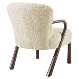 31 Inch Mid-Century Modern Faux Shearling Accent Armchair with Sculptural Wood Frame