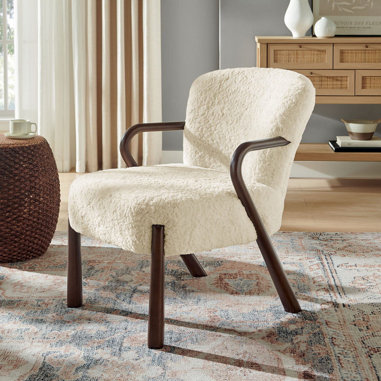 31 Inch Mid-Century Modern Faux Shearling Accent Armchair with Sculptural Wood Frame