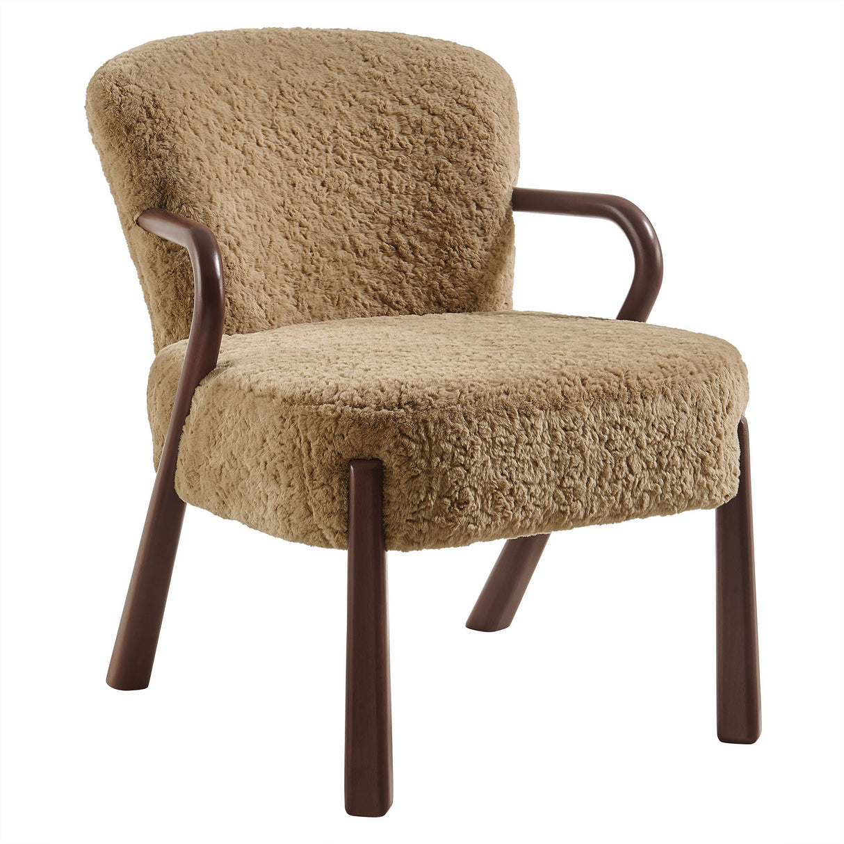 31 Inch Mid-Century Modern Faux Shearling Accent Armchair with Sculptural Wood Frame