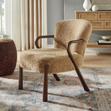 31 Inch Mid-Century Modern Faux Shearling Accent Armchair with Sculptural Wood Frame