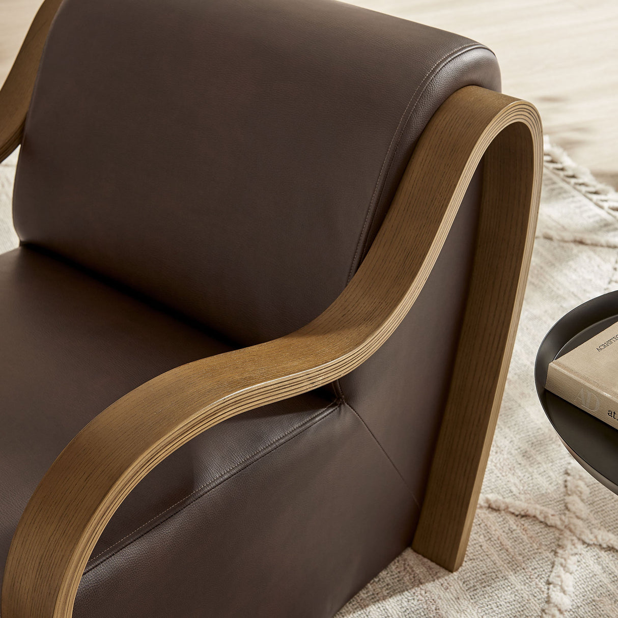28 Inch Modern Vegan Leather Accent Armchair with Sculptural Bentwood Arms