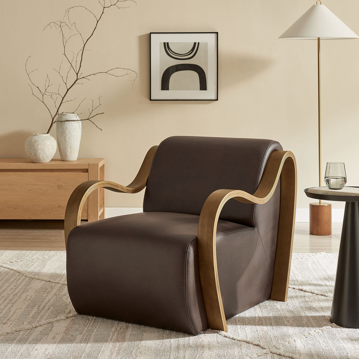 28 Inch Modern Vegan Leather Accent Armchair with Sculptural Bentwood Arms