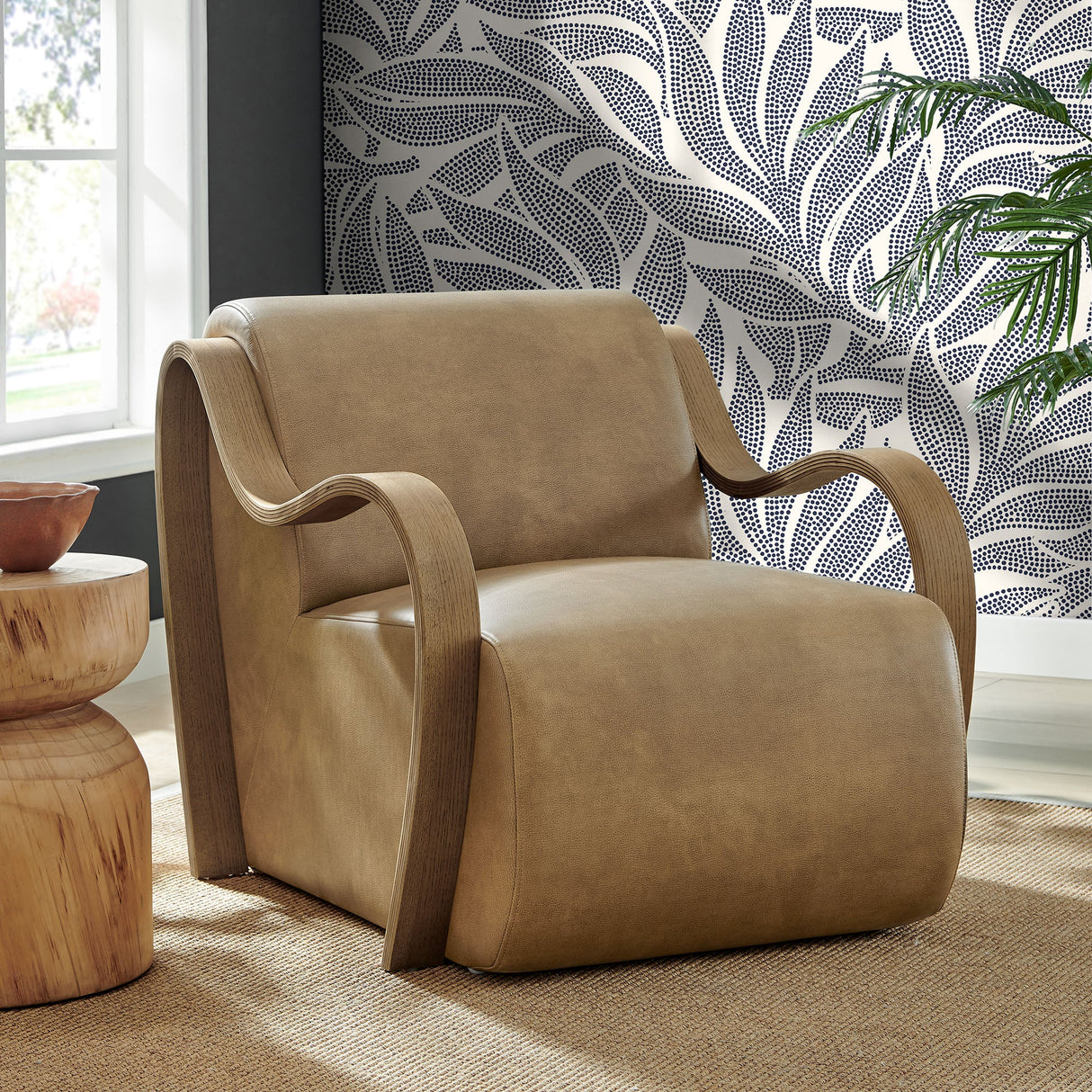 28 Inch Modern Vegan Leather Accent Armchair with Sculptural Bentwood Arms