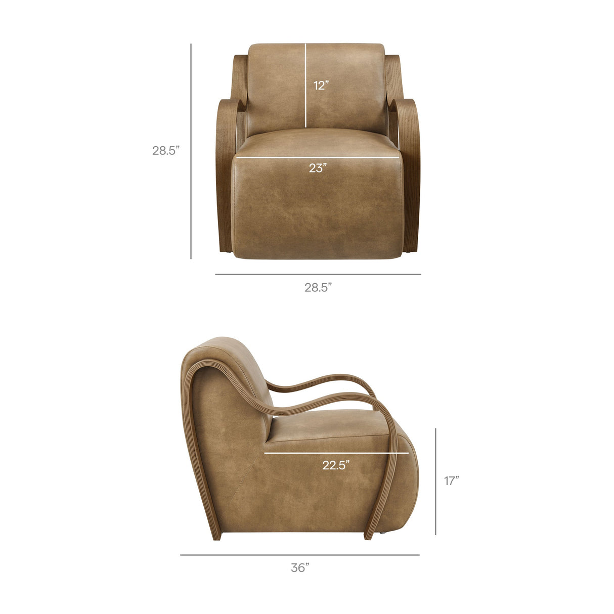 28 Inch Modern Vegan Leather Accent Armchair with Sculptural Bentwood Arms