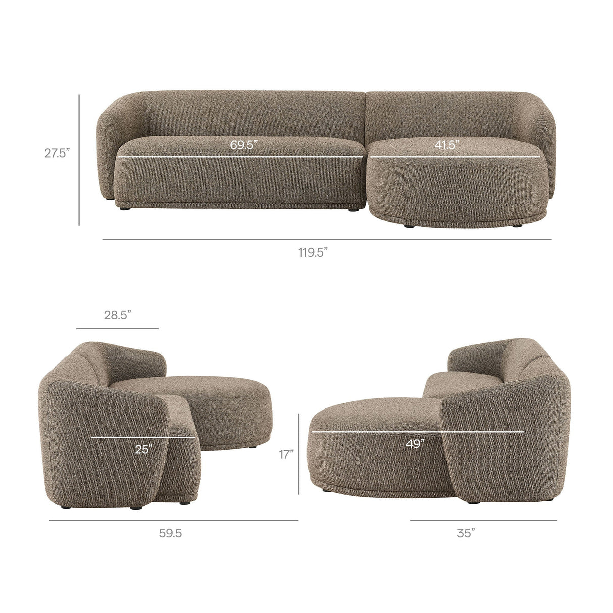 2 Piece 120" Right Facing Boucle Fabric Modular Sofa with Chaise