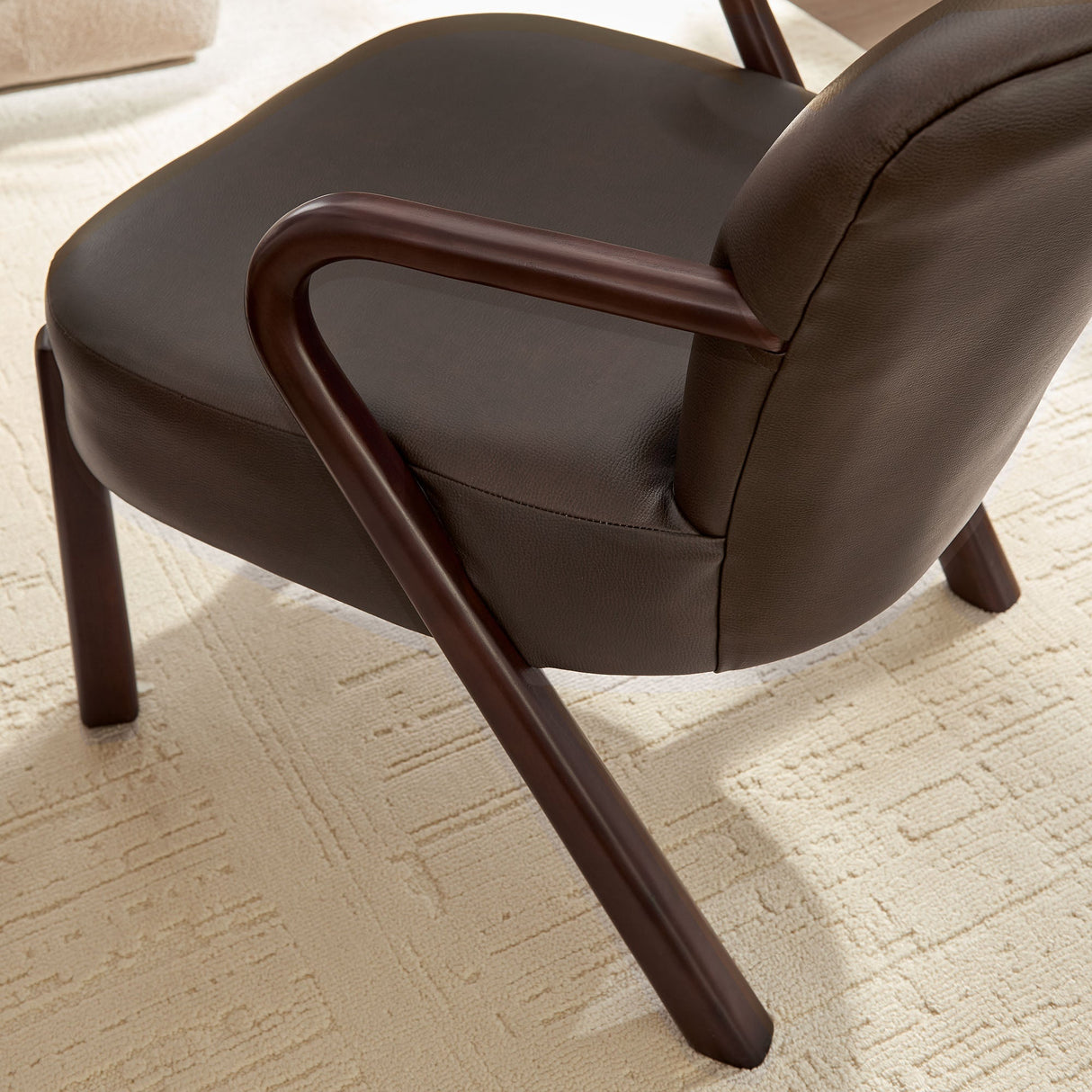 26 Inch Mid-Century Modern Faux Leather Accent Armchair with Sculptural Wood Frame