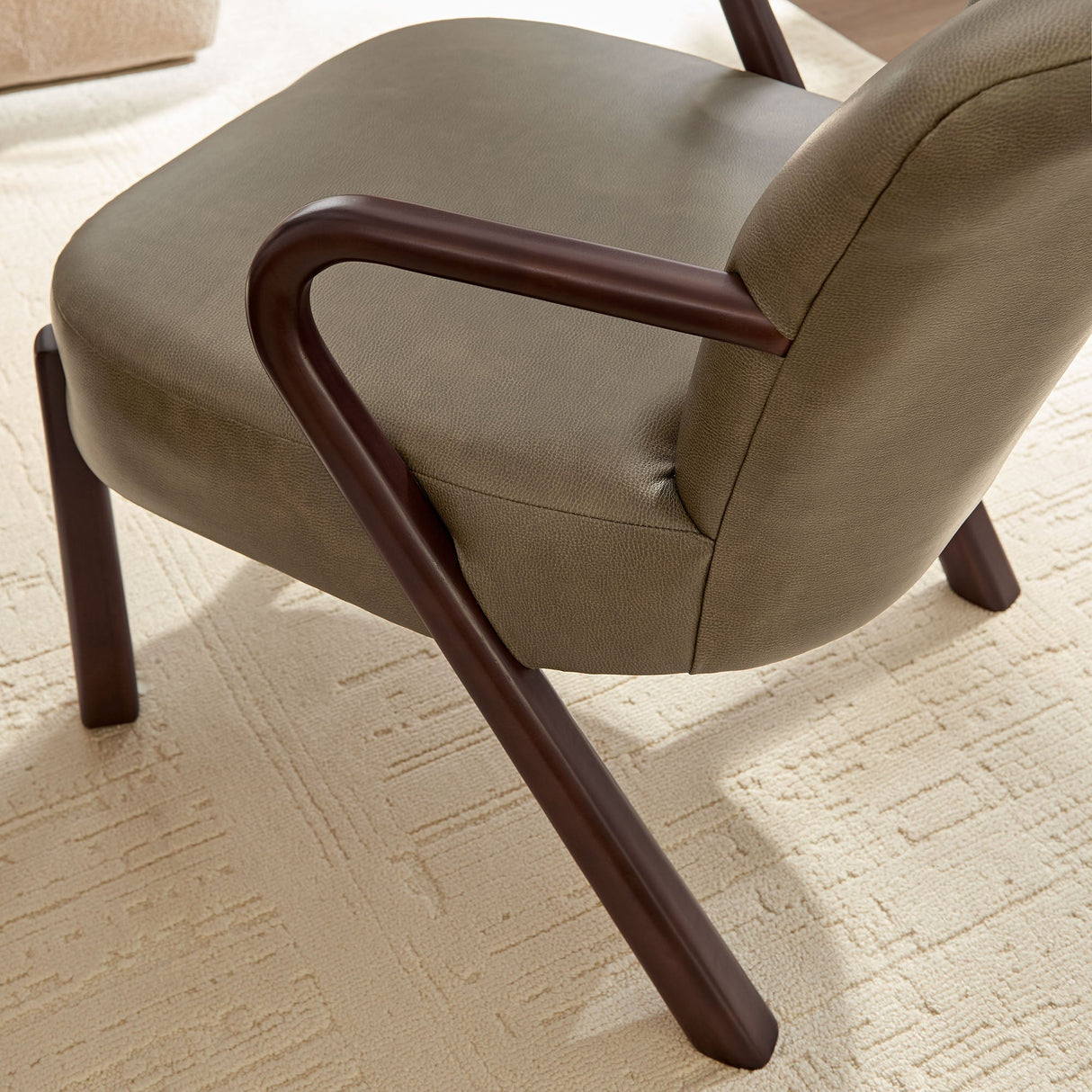 26 Inch Mid-Century Modern Faux Leather Accent Armchair with Sculptural Wood Frame