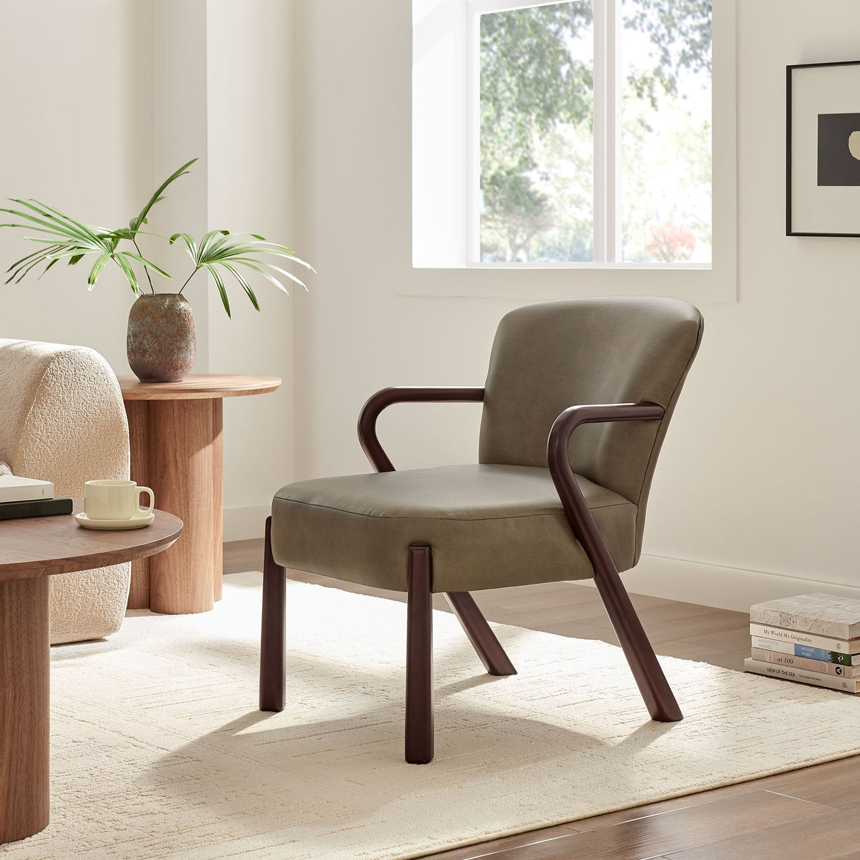26 Inch Mid-Century Modern Faux Leather Accent Armchair with Sculptural Wood Frame