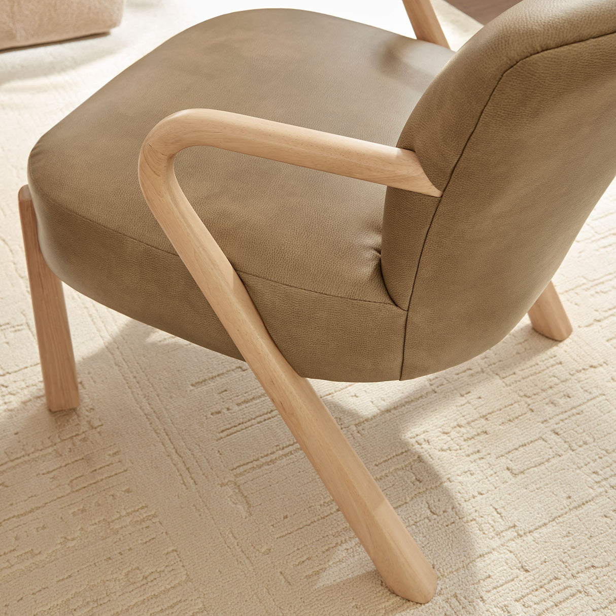 26 Inch Mid-Century Modern Faux Leather Accent Armchair with Sculptural Wood Frame