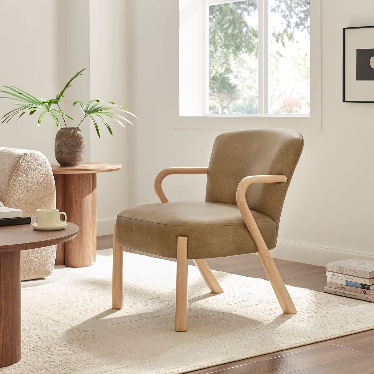 26 Inch Mid-Century Modern Faux Leather Accent Armchair with Sculptural Wood Frame