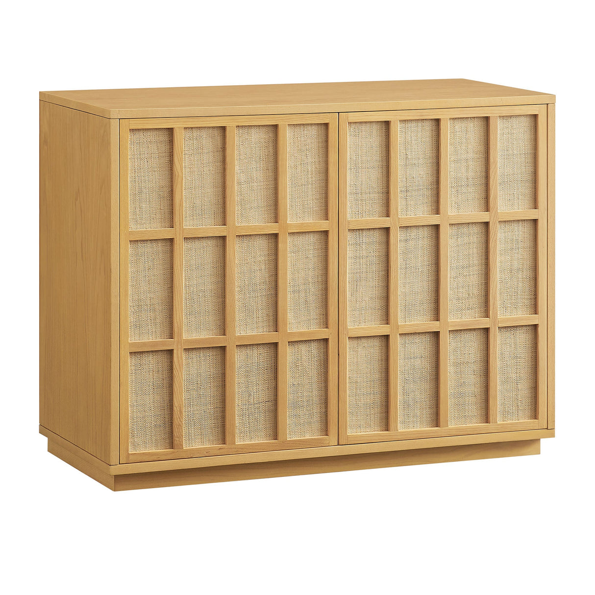 39 Inch Japandi Accent Cabinet with Woven Geometric Doors and Ash Wood Veneer in Light Oak