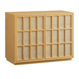 39 Inch Japandi Accent Cabinet with Woven Geometric Doors and Ash Wood Veneer in Light Oak
