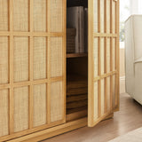 39 Inch Japandi Accent Cabinet with Woven Geometric Doors and Ash Wood Veneer in Light Oak