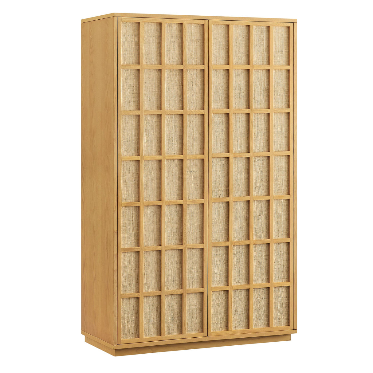 64 Inch Tall Japandi Storage Cabinet with Woven Geometric Doors in Light Oak