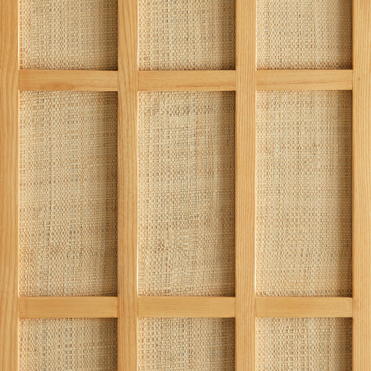 64 Inch Tall Japandi Storage Cabinet with Woven Geometric Doors in Light Oak