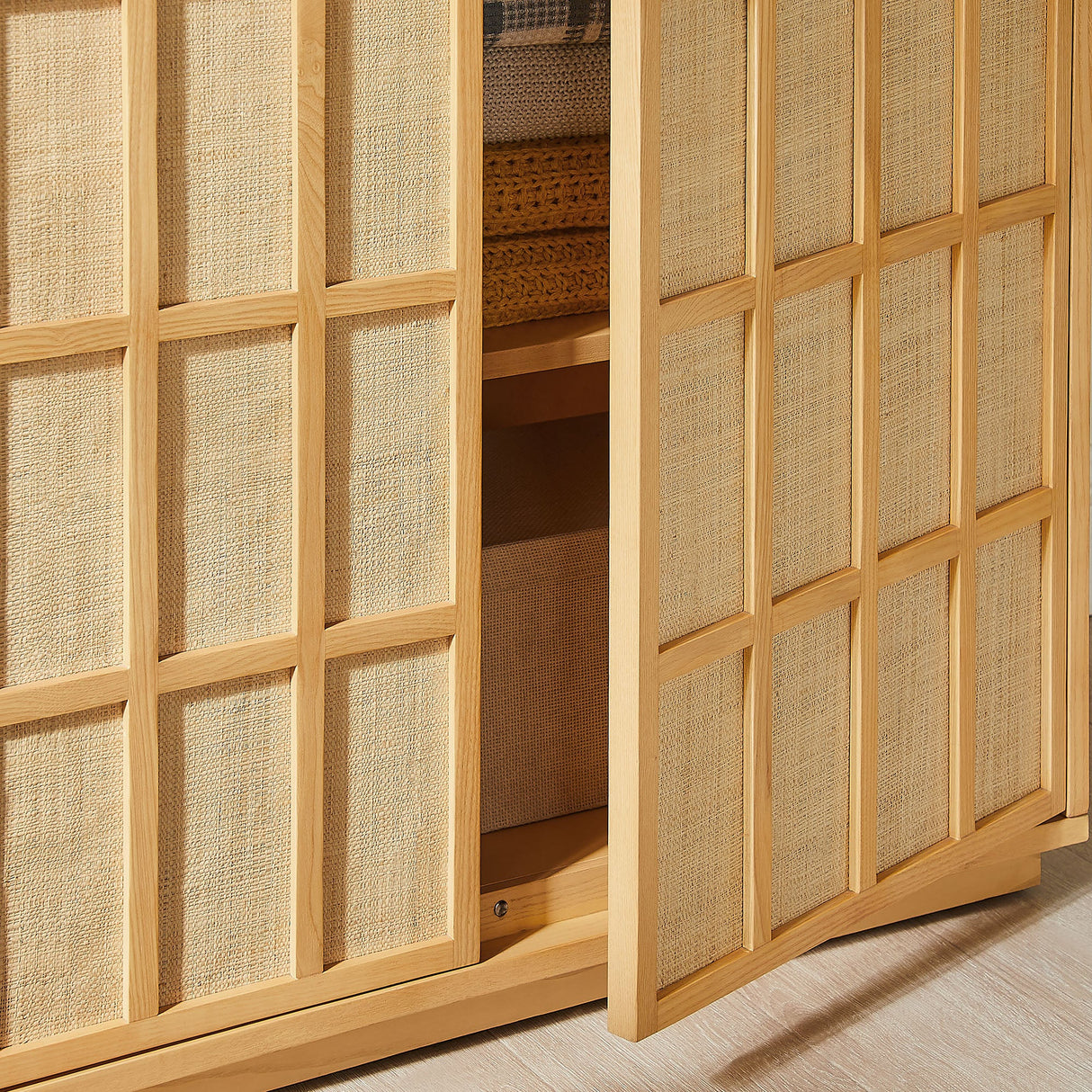 64 Inch Tall Japandi Storage Cabinet with Woven Geometric Doors in Light Oak