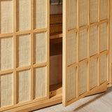 64 Inch Tall Japandi Storage Cabinet with Woven Geometric Doors in Light Oak