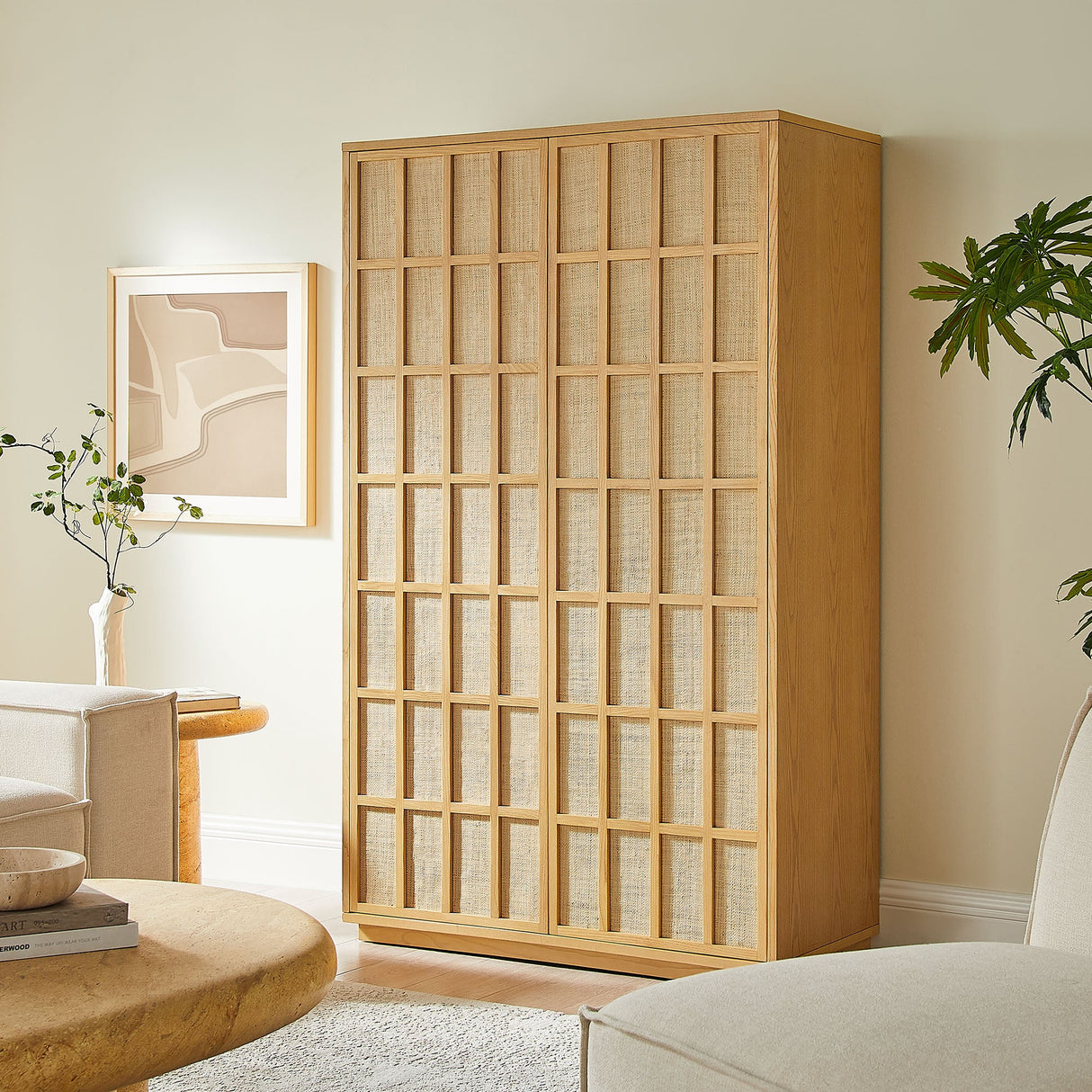 64 Inch Tall Japandi Storage Cabinet with Woven Geometric Doors in Light Oak