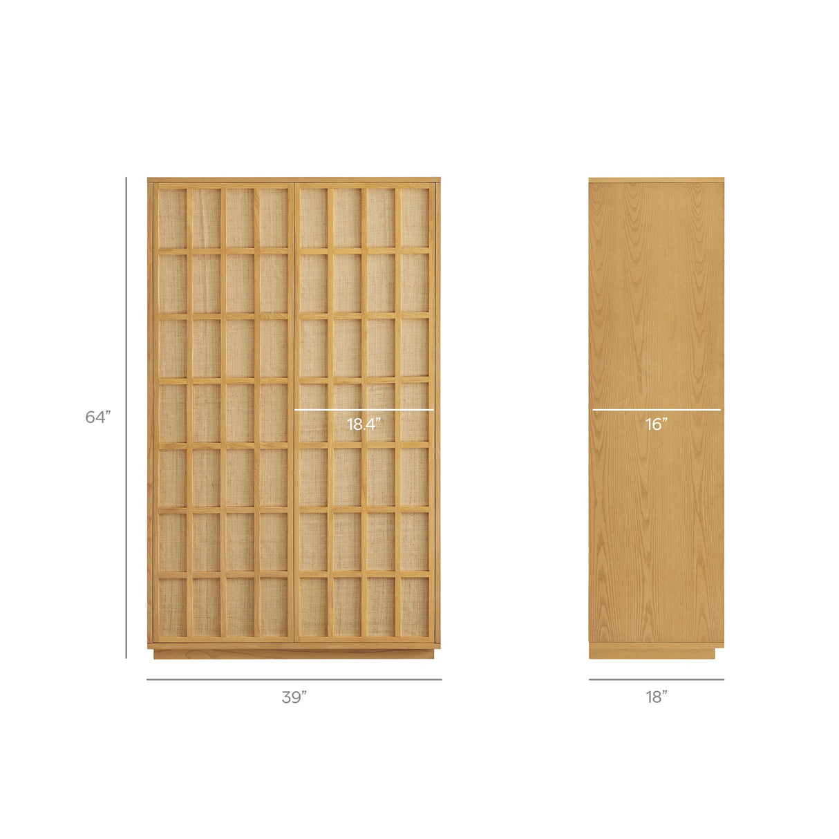 64 Inch Tall Japandi Storage Cabinet with Woven Geometric Doors in Light Oak