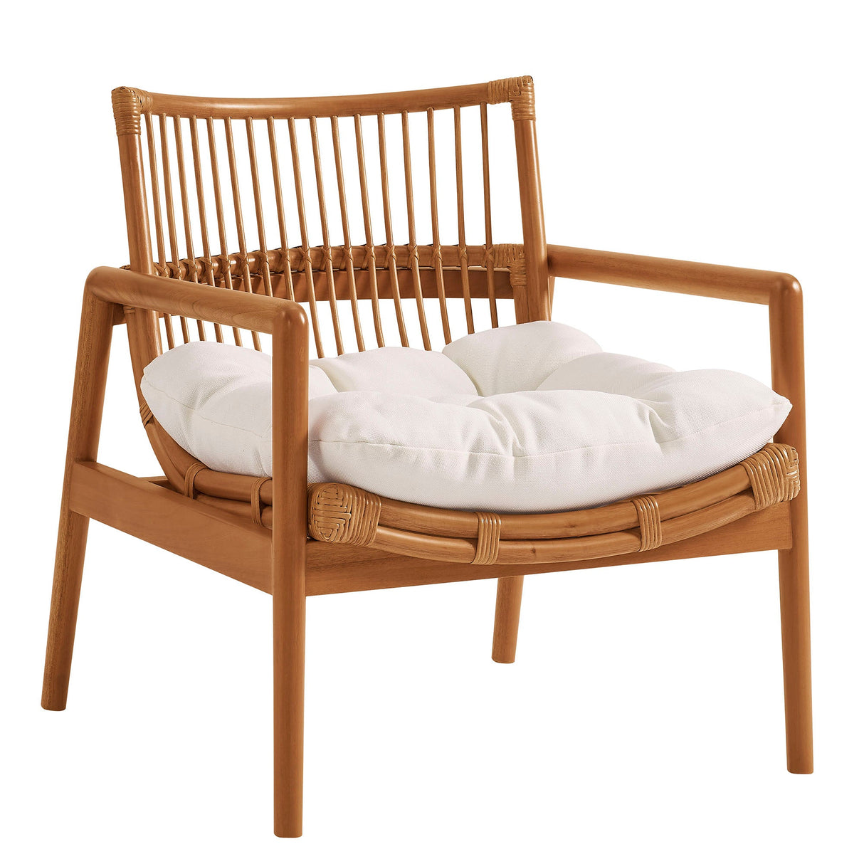 27 Inch Wood and Natural Rattan Lounge Chair with Mahogany Frame