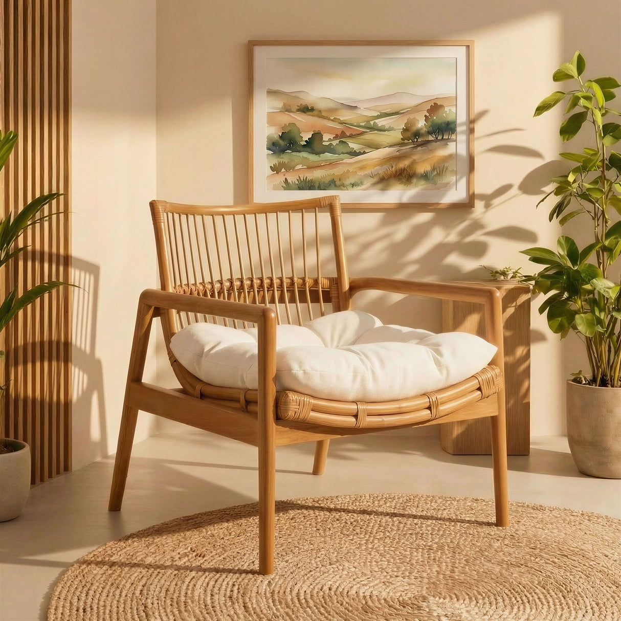 27 Inch Wood and Natural Rattan Lounge Chair with Mahogany Frame