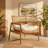 27 Inch Wood and Natural Rattan Lounge Chair with Mahogany Frame