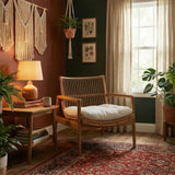 27 Inch Wood and Natural Rattan Lounge Chair with Mahogany Frame