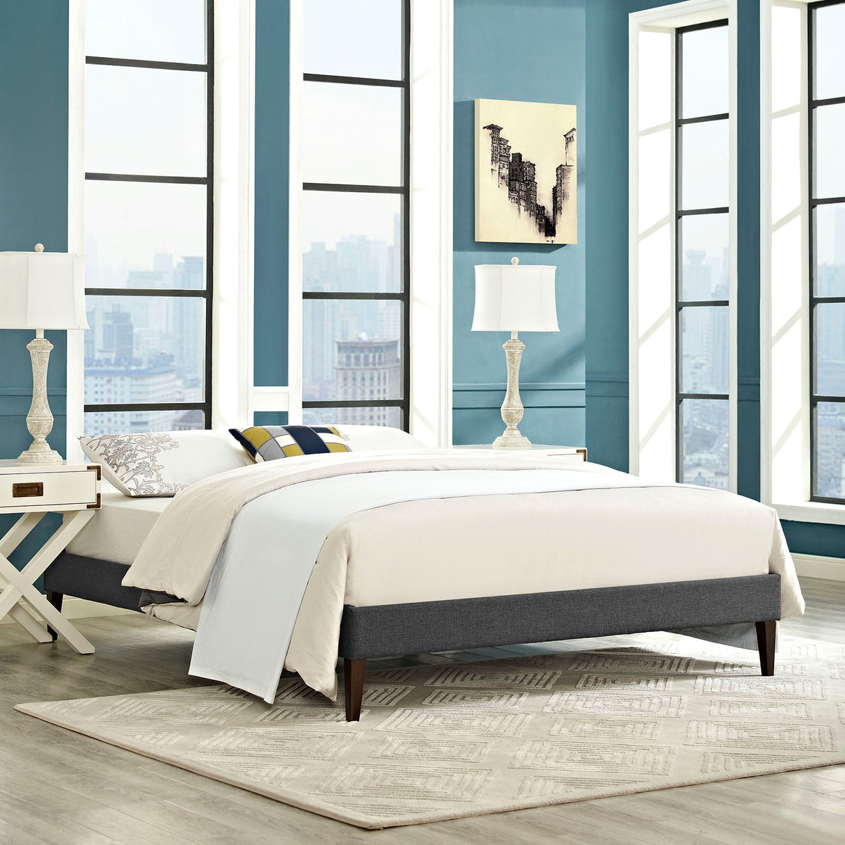 Upholstered Fabric Platform Bed with Squared Tapered Legs