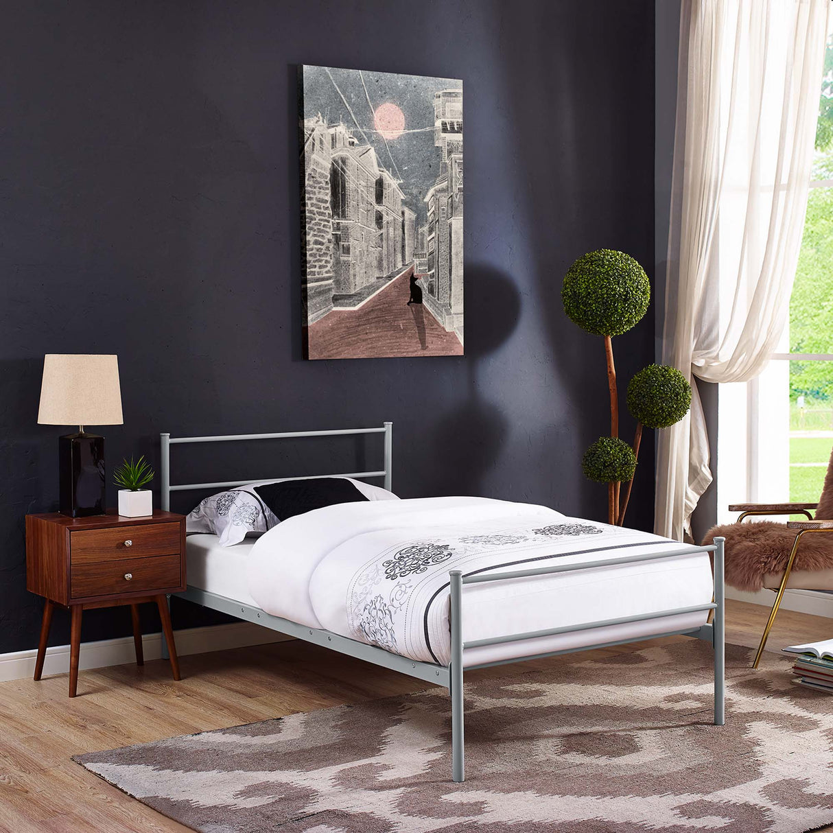 Rustic Metal Platform Bed with Integrated Headboard and Footboard