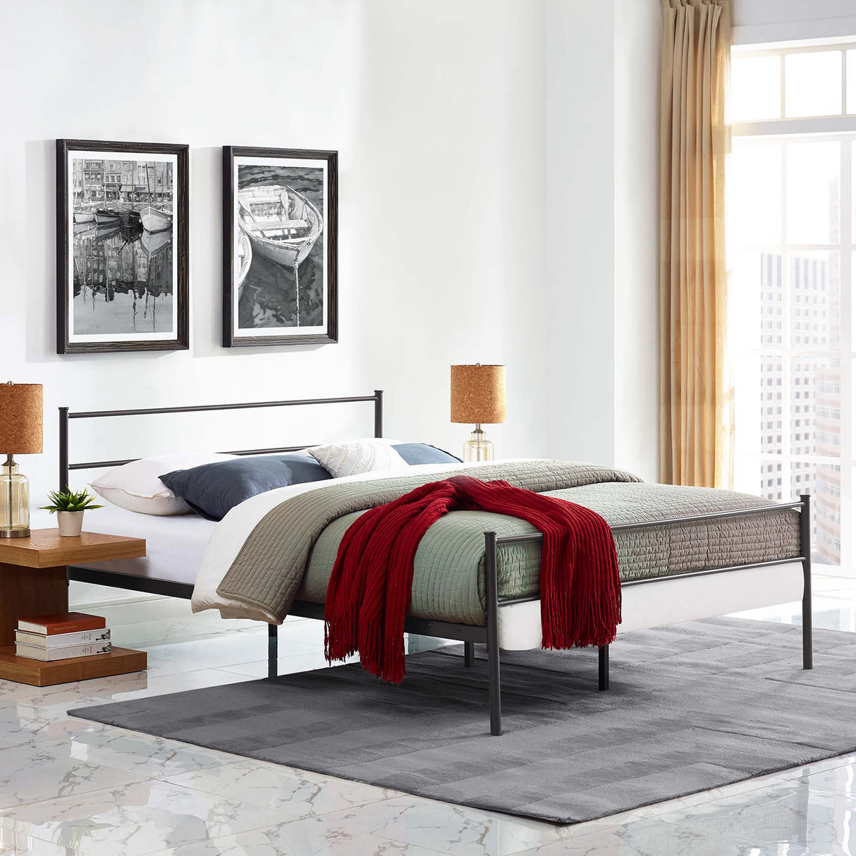 Rustic Metal Platform Bed with Integrated Headboard and Footboard